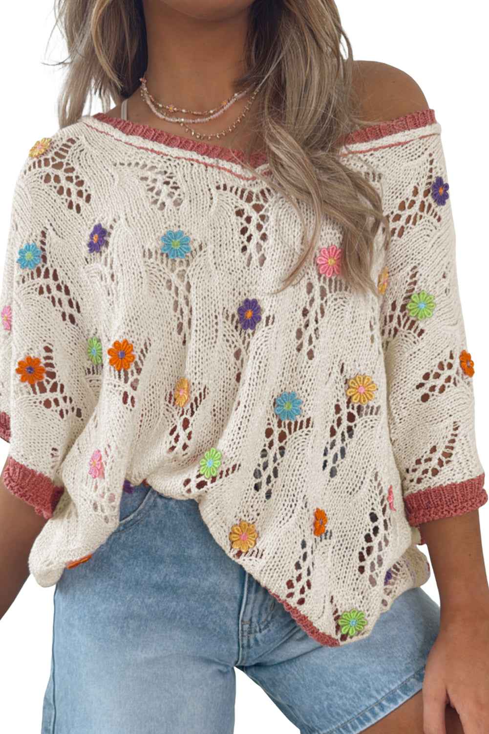 Delicacy Flowers Colorblock Edge Hollow Crochet Knit Top d8e86f314afc3609
