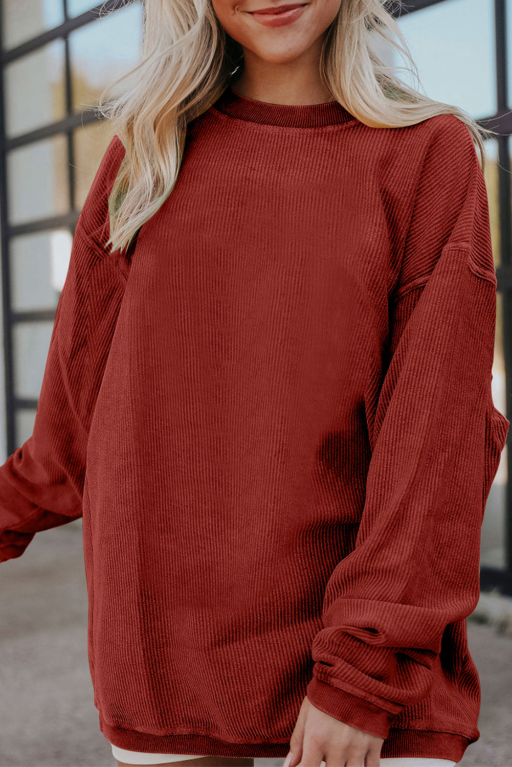 White Drop Shoulder Rib Knit Oversized Sweatshirt Racing Red 100%Polyester d8f48e60682ef544