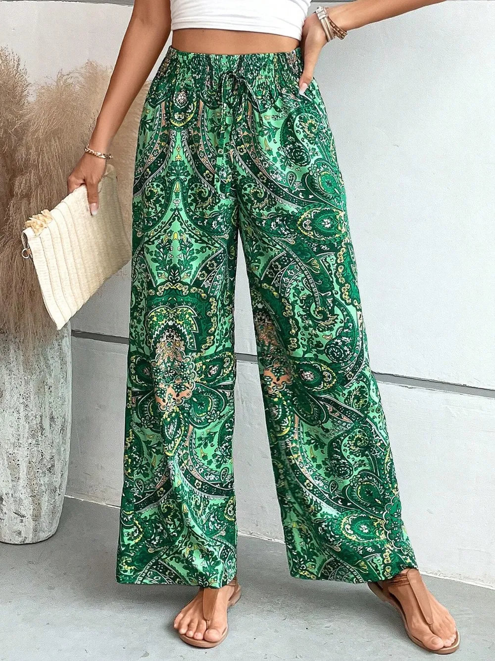 Printed Wide Leg Pants Dark Green d8f5d606-c492-4e70-9fde-447ed9ae9d24-Max