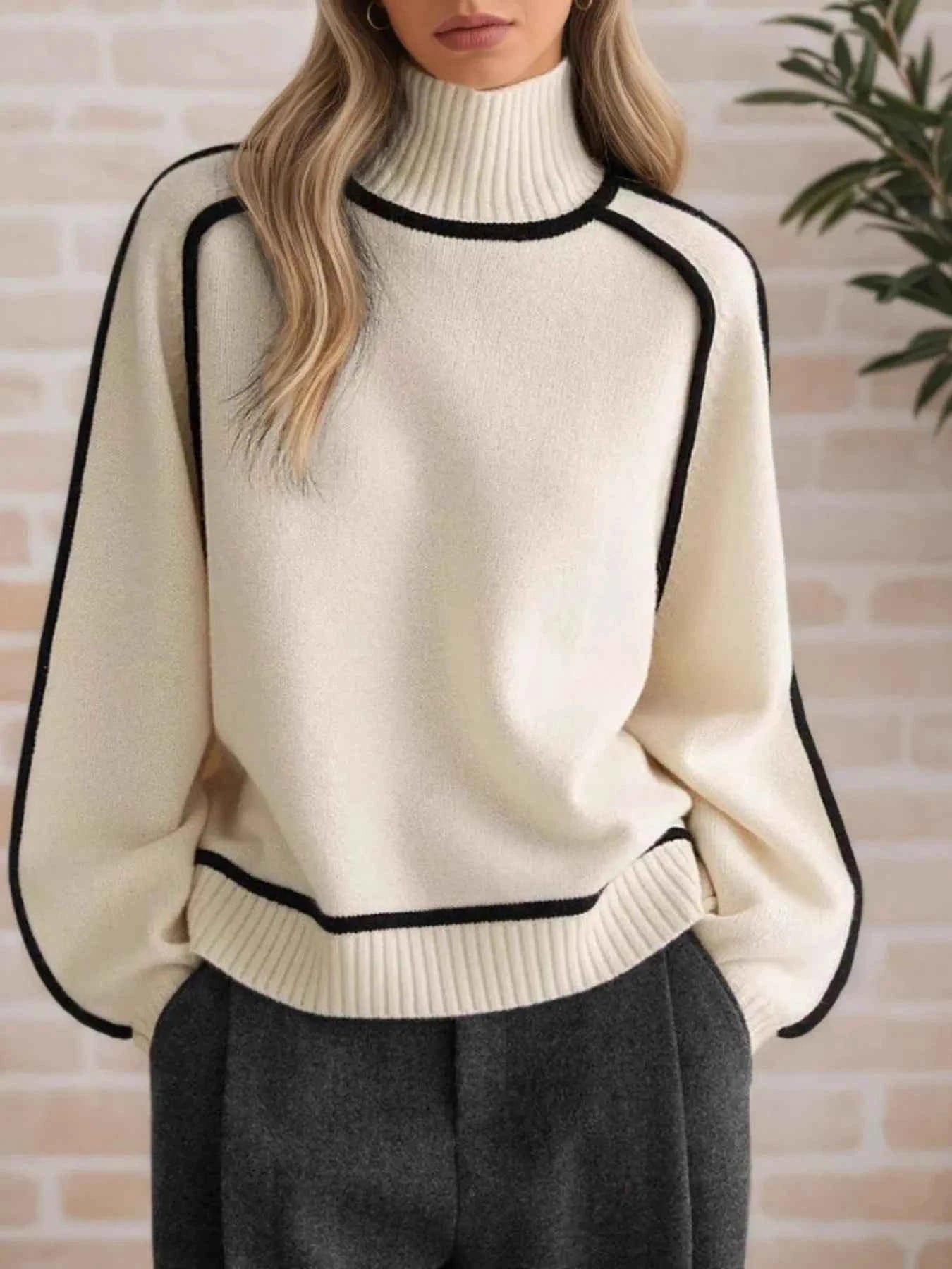 Contrast Trim Turtleneck Sweater Beige d9043ef158b440a38cb7baf60d98342e-Max-Origin