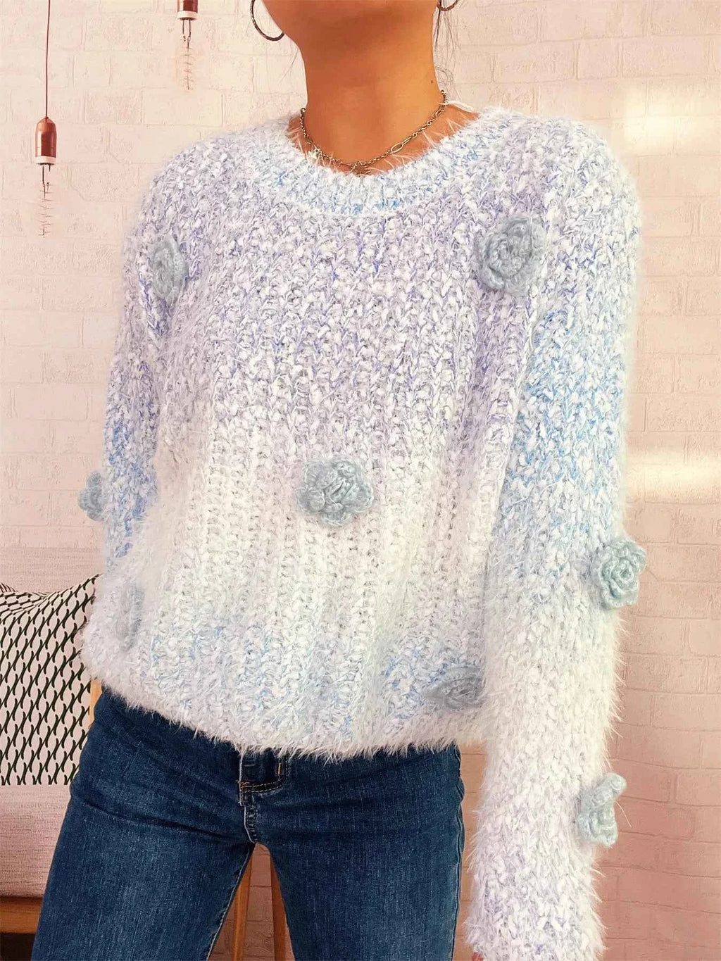 Flower Embellished Round Neck Sweater d90e459d2b3c4b13935764f40d8a4199-Max-Origin