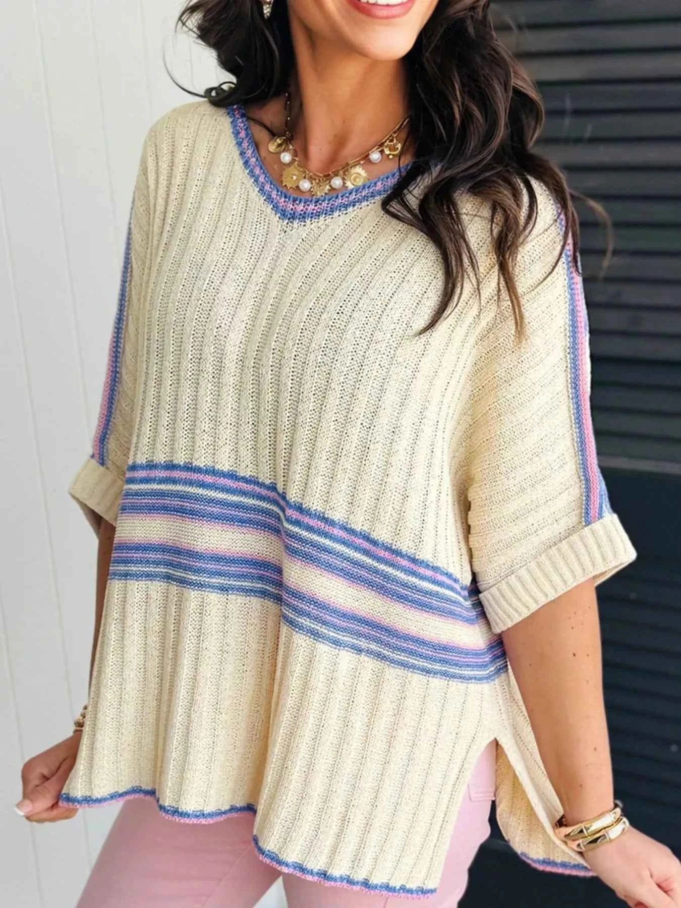 Striped V Neck Dolman Sleeve Rib Knit Oversized Sweater with Slits d9198635-9054-4e80-b526-d2ca0037e328-Max-Origin