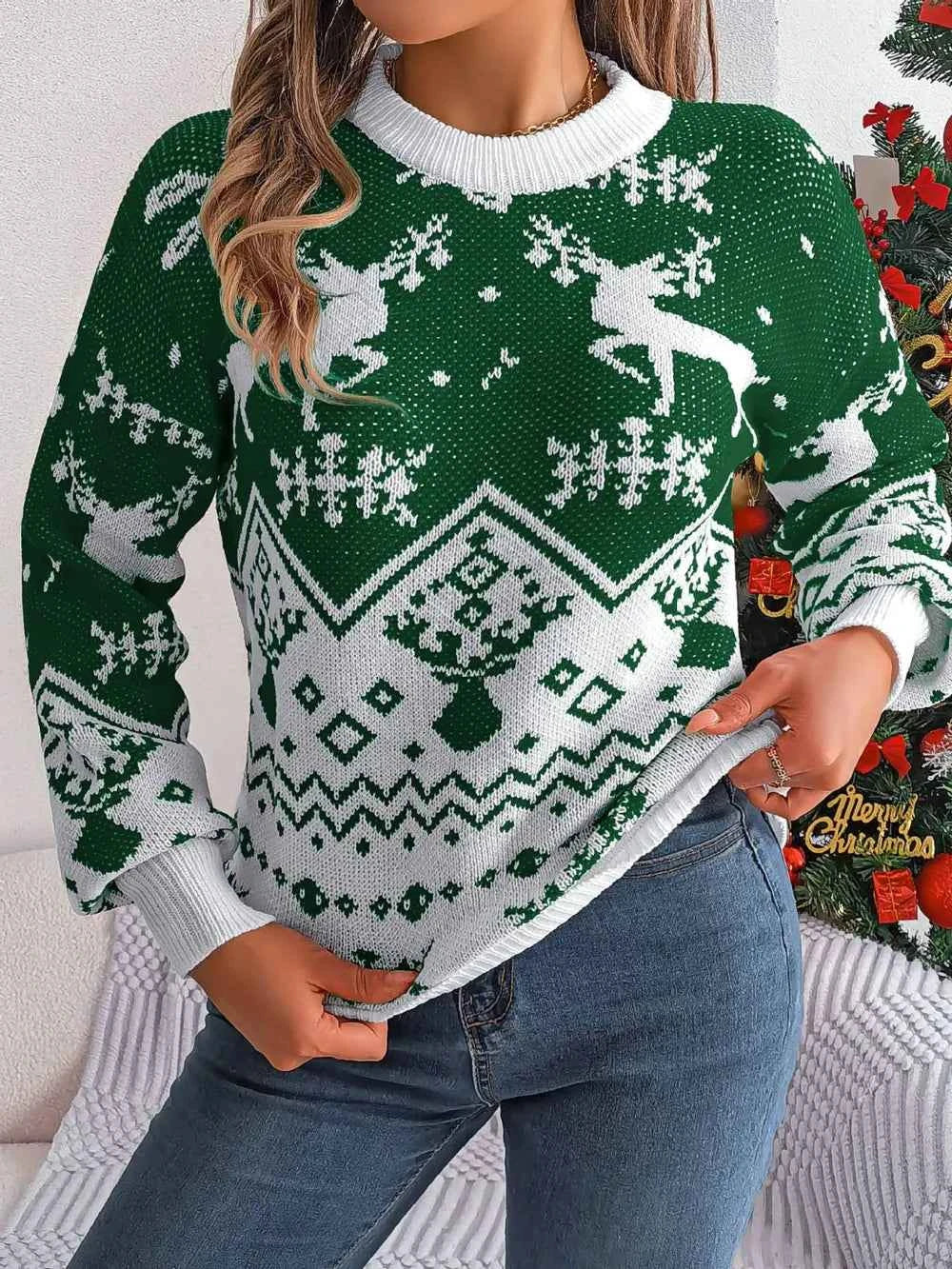 Christmas Element Round Neck Long Sleeve Sweater d91ff4ef-b6a7-4e81-a3e6-81d8f7df00da-Max