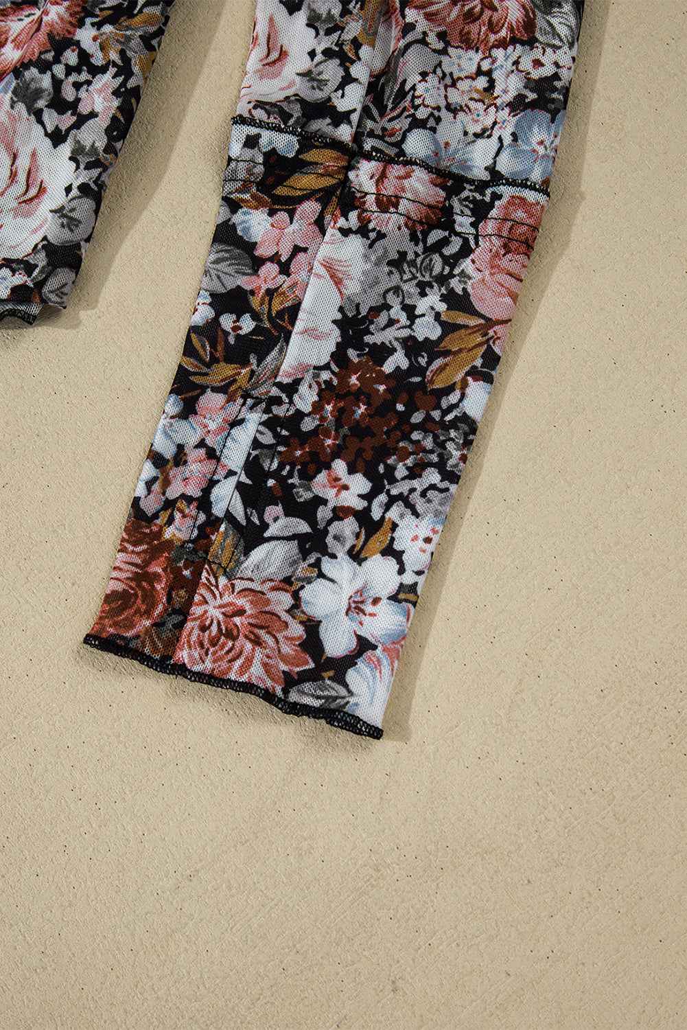 Brown Floral Print Mesh Mock Neck Slim Top d926d977cb2f526a