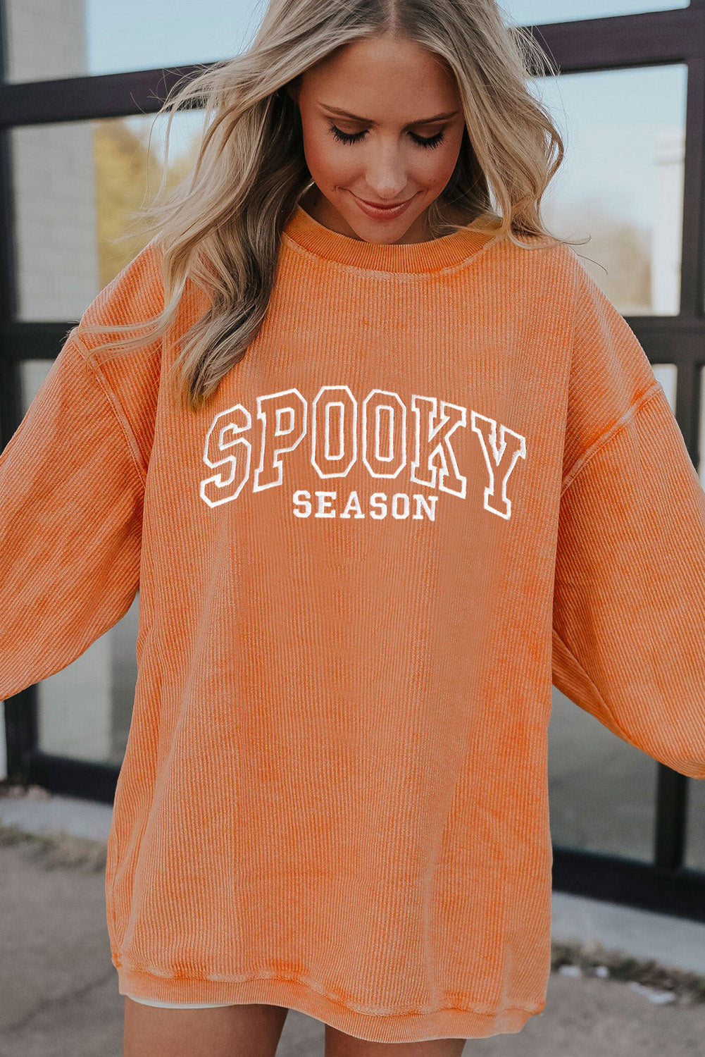 Orange SPOOKY SEASON Embroidered Letter Graphic Twisted Ribbed Sweatshirt d93568e563a69150