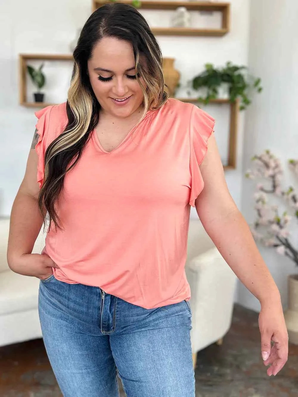 Basic Bae Full Size Bamboo Notched Ruffled Short Sleeve T-Shirt d9398c1d-00a1-418e-90d4-deea9285def6-Max