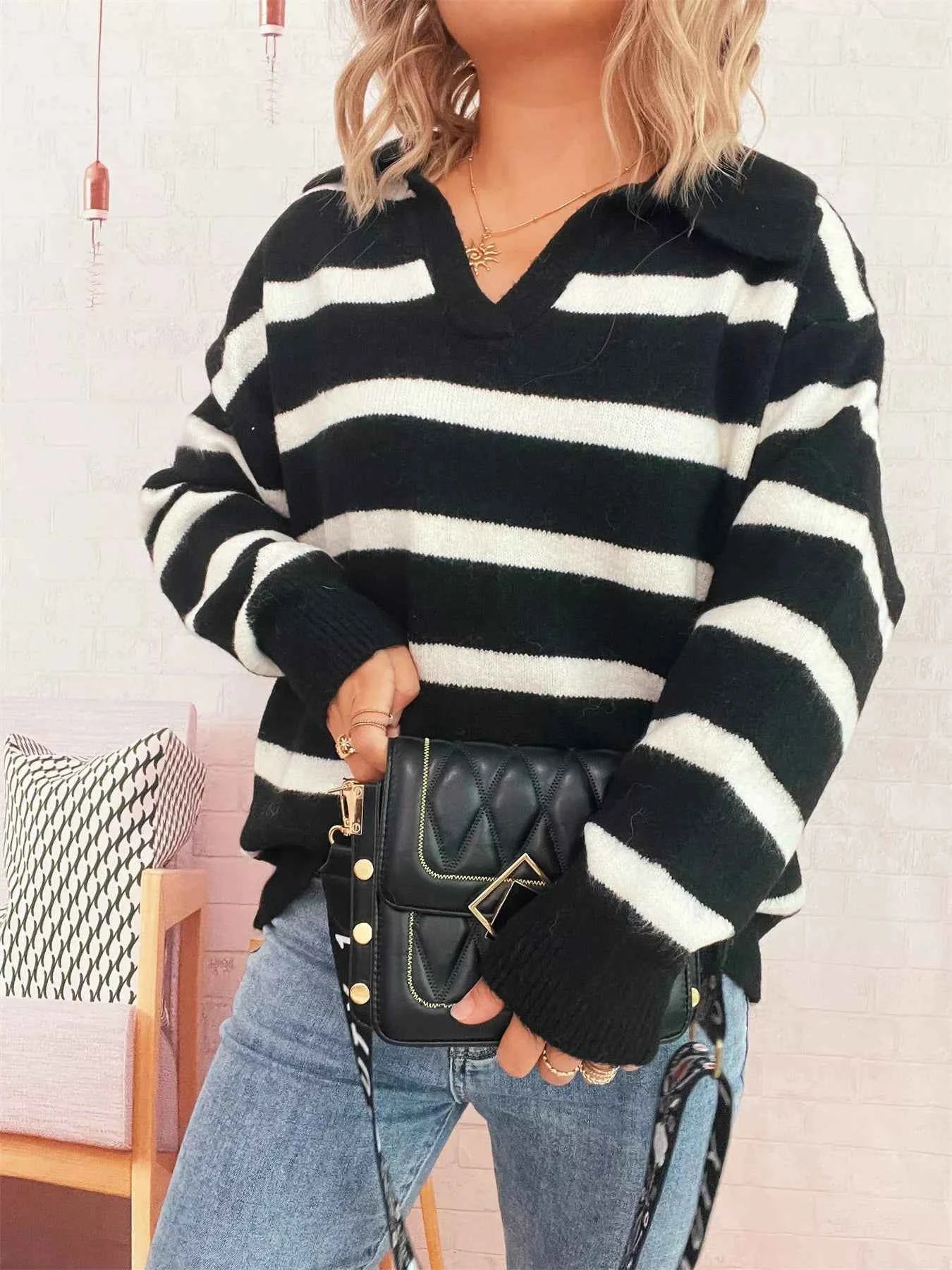 Striped Dropped Shoulder Sweater d93d9001c6434ed59db5b56ef81af14e-Max-Origin