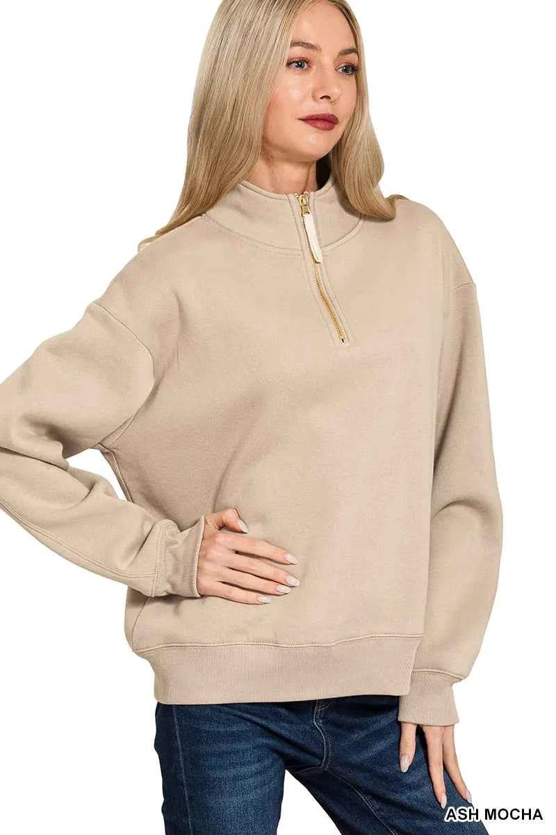 Zenana Fleece Half Zip Sweatshirt d94fad0a-2fa2-426f-8593-3154e1da579d-Max-Origin