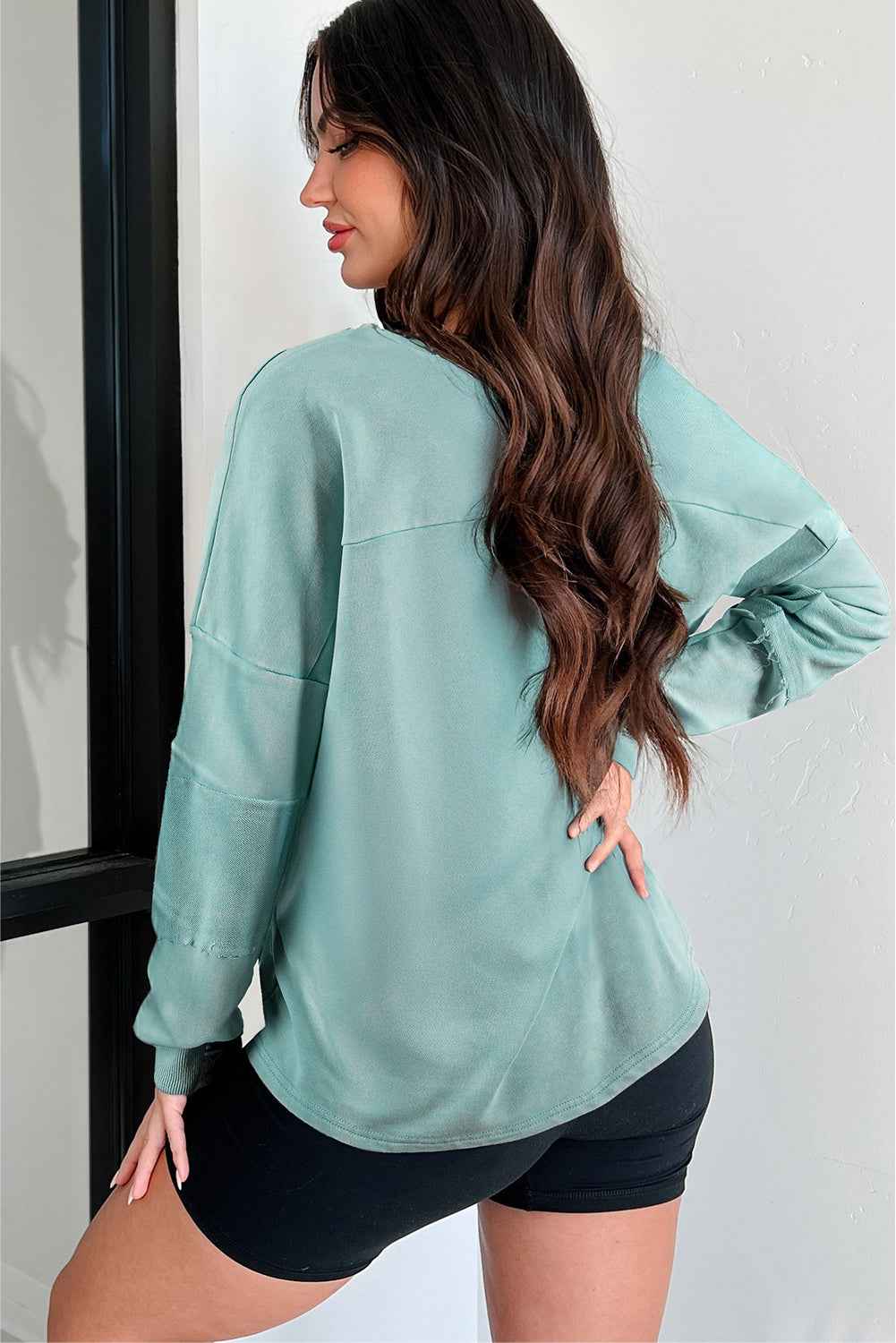 Mist Blue Mineral Wash Exposed Seam Buttoned V Neck Pullover Top d9557c9001be387c