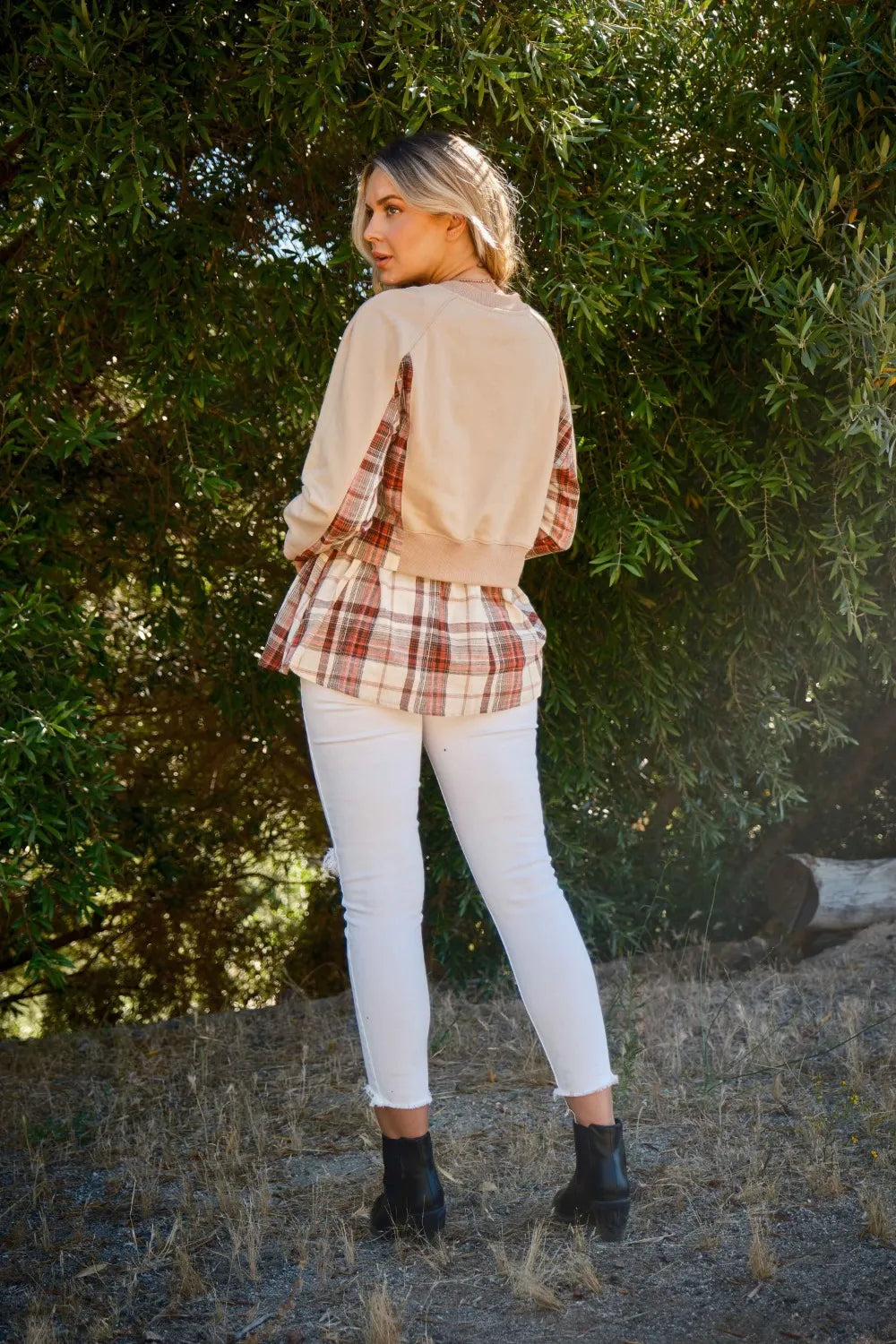 And The Why Full Size Double Layered Plaid Contrast Sweatshirt d95804ae-2061-4f1e-9b4a-d52a67858360-Max