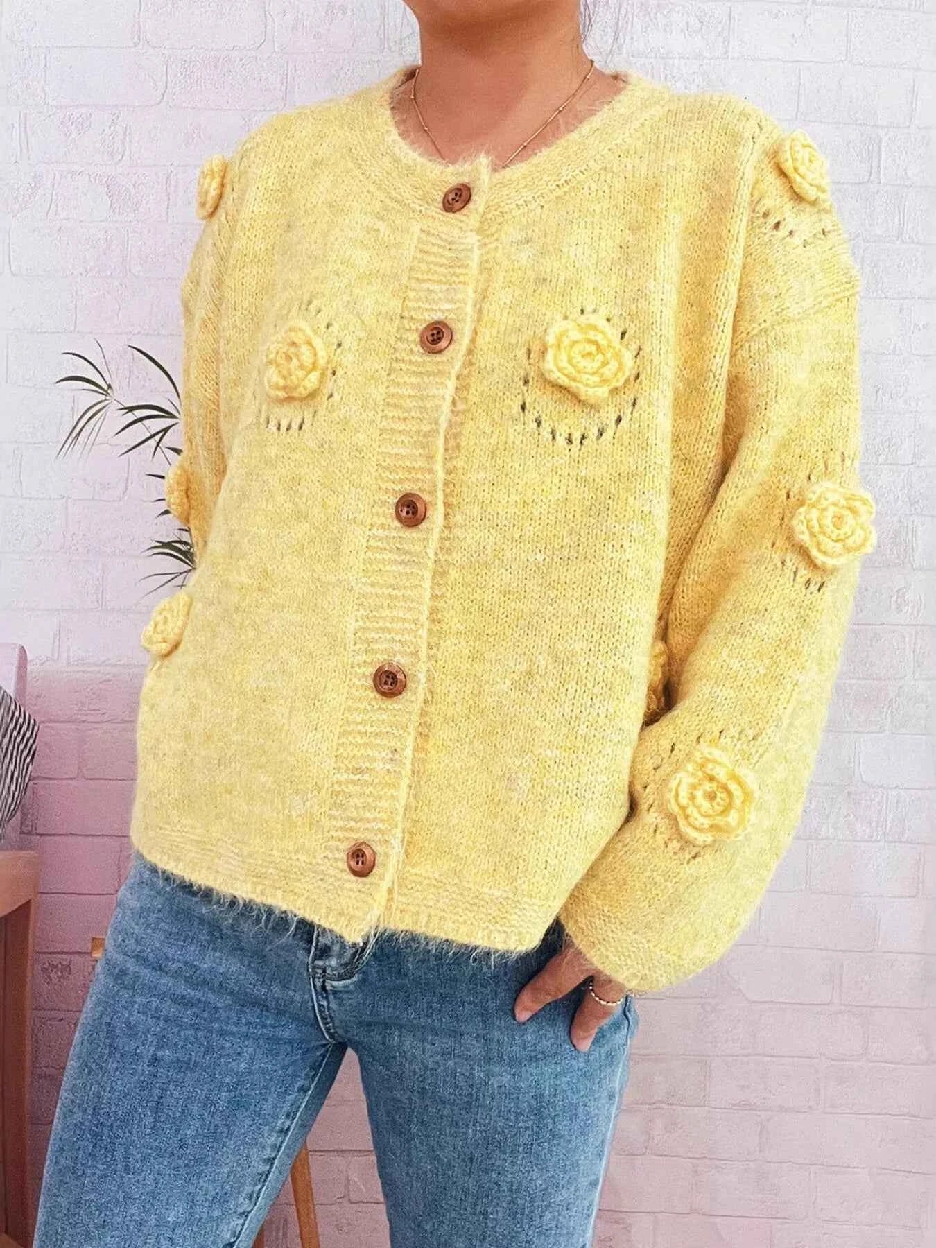 Flower Button-Up Cardigan Yellow One Size d96675e32a1c4771aa4a55c4da765606-Max-Origin