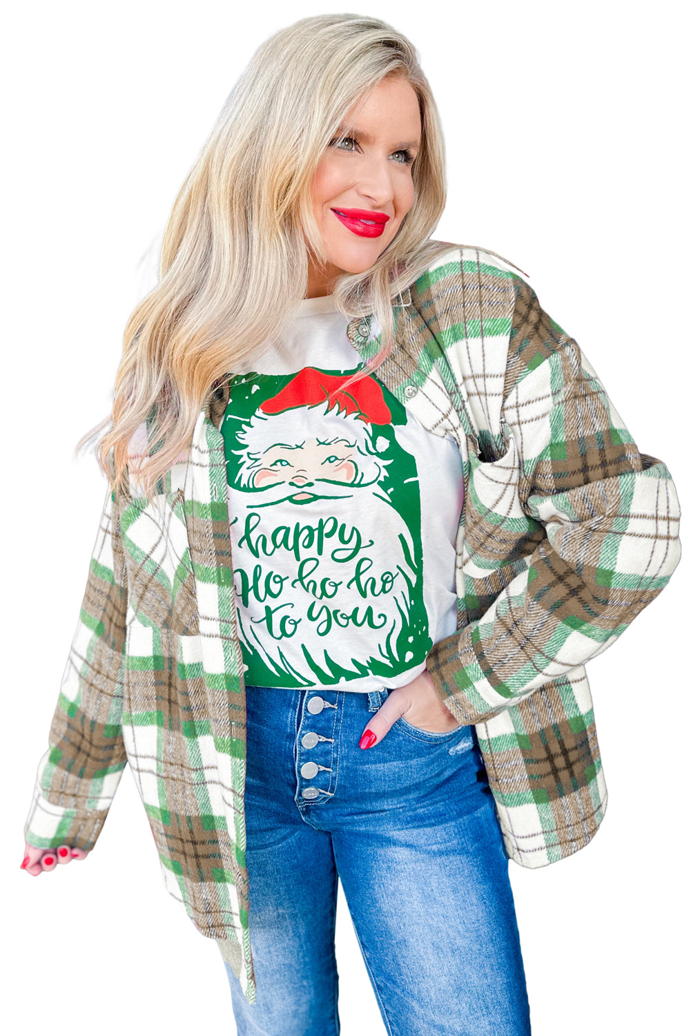 Khaki Christmas Plaid Casual Flannel Shacket d96748a7dfaec48f