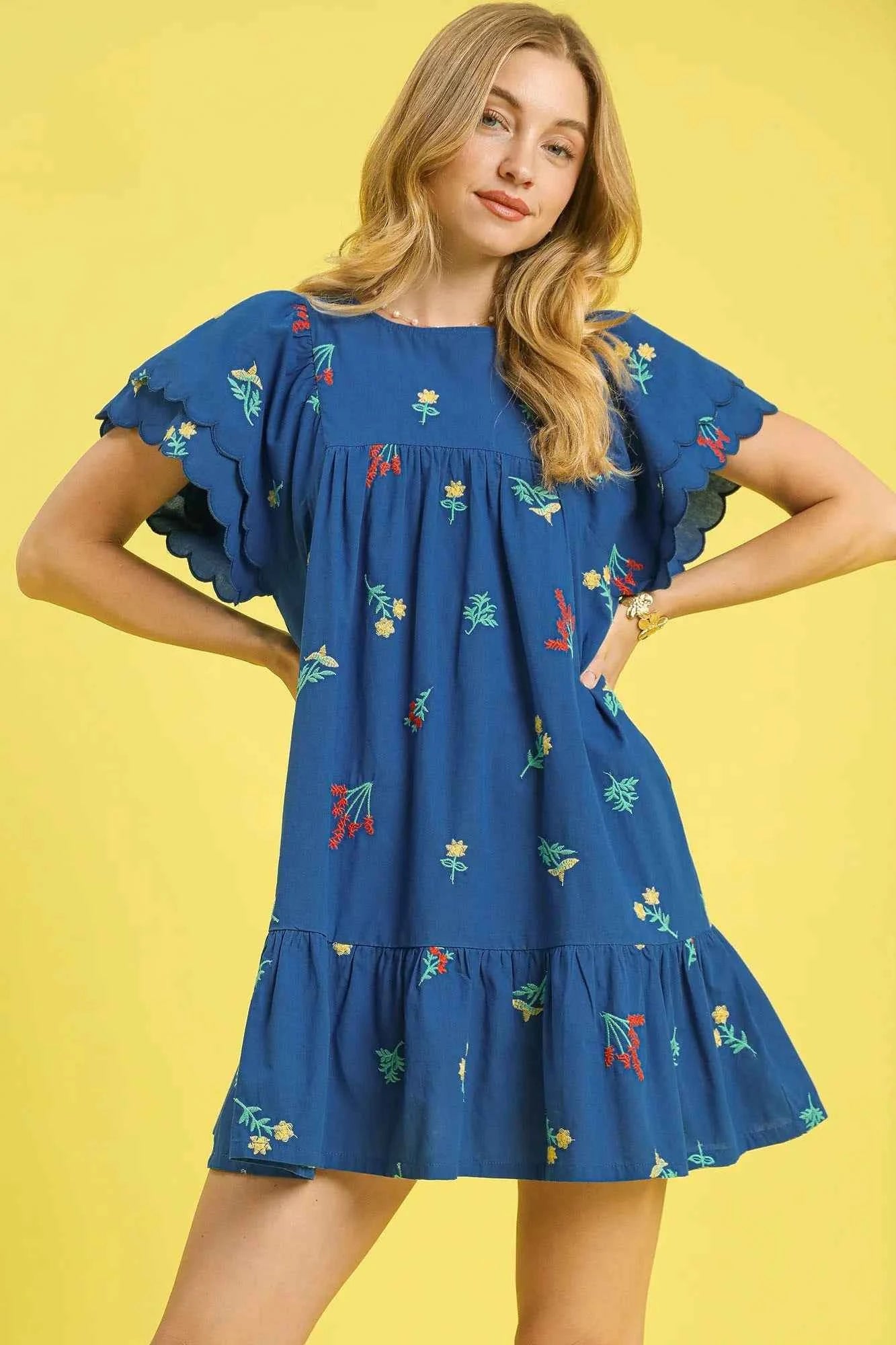 Umgee Floral Embroidered Short Sleeve Mini Dress Dark Blue d967e0b8-0ee9-4bf6-b4cf-3014e1c8be36-Max-Origin