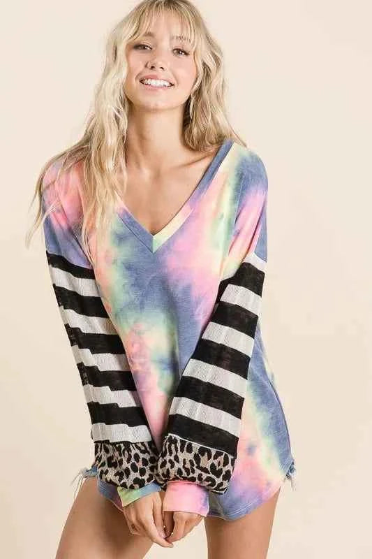 BiBi Tie Dye V Neck Top with Stripe Puff Sleeves d986ad127e72436a99121830a3e65a72-Max-Origin