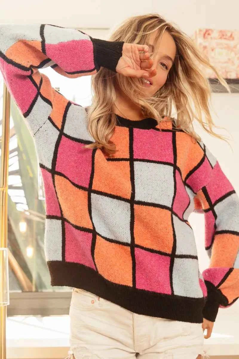 BiBi Multi Color Checker Pattern Sweater d9b16d0bbb4d4a20aedcc6b1a74d54c6-Max-Origin