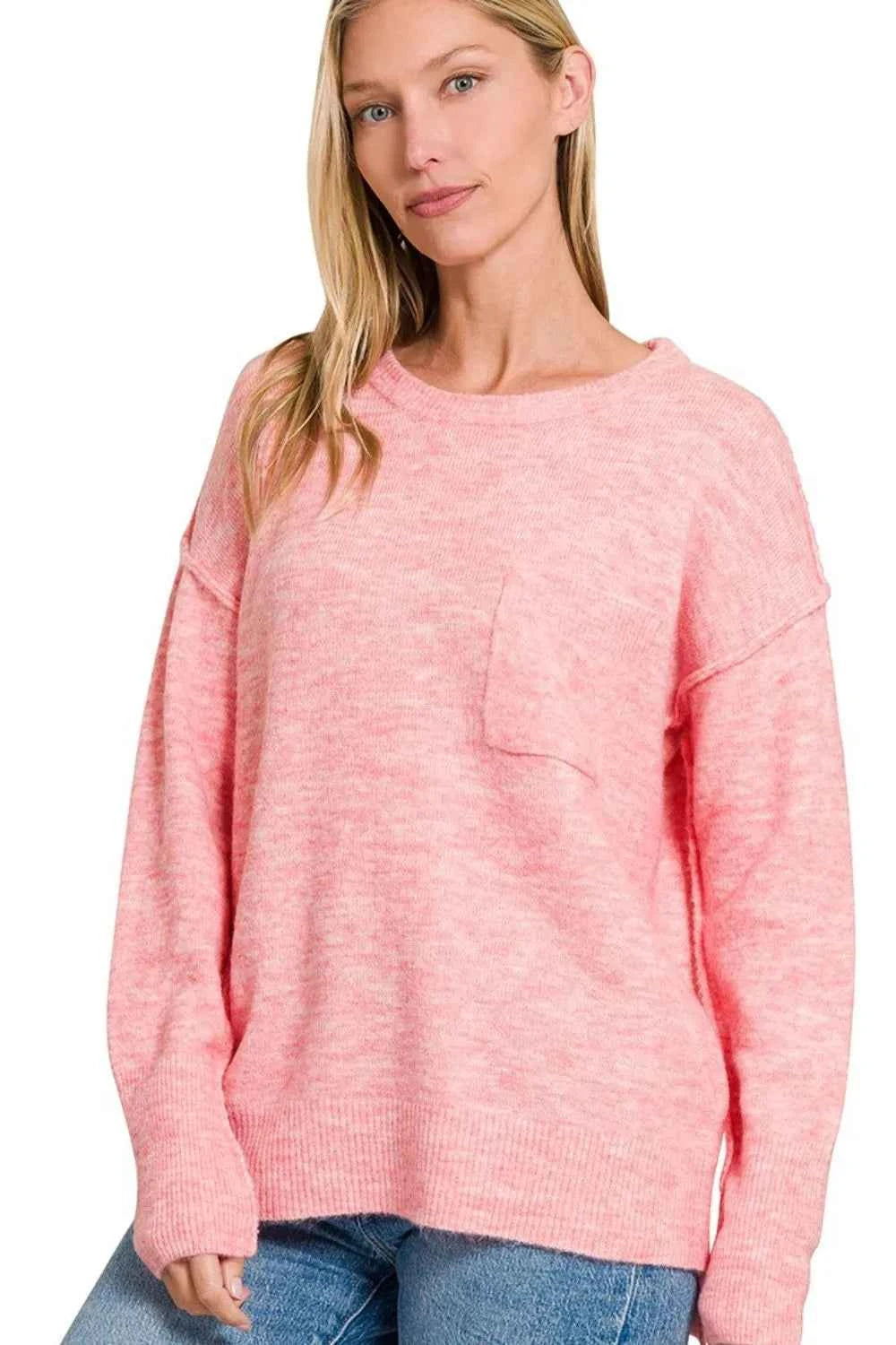 Zenana Melange Hi-low Hem Round Neck Sweater H DK PINK d9b9cf22-da47-4c1c-be09-fa7f428ad4d7-Max-Origin