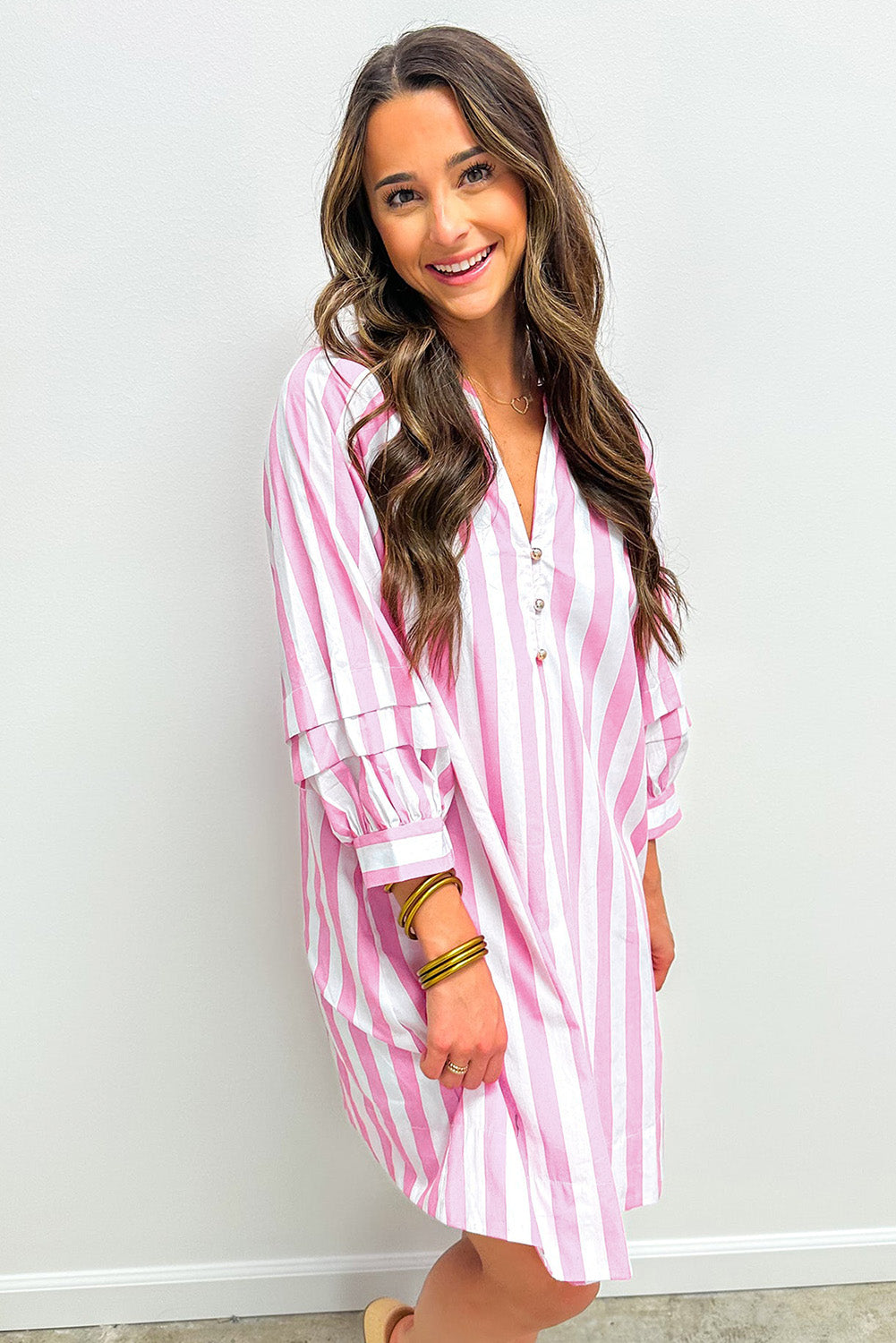 Rose Striped Long Sleeve Buttons Loose Mini Dress d9c4ae0a9c32624c