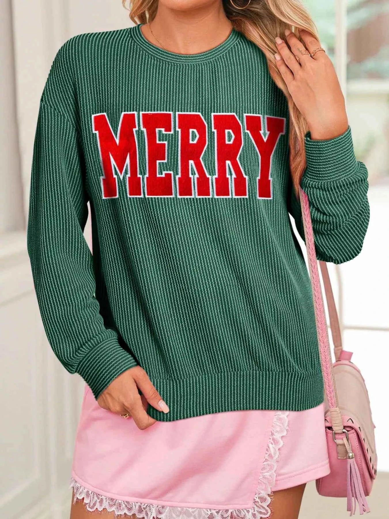 Merry Twisted Rib Christmas Loose Long Sleeve Top Dark Green d9d5215b-78b3-4e65-81cf-fa2ec0dba35e-Max-Origin