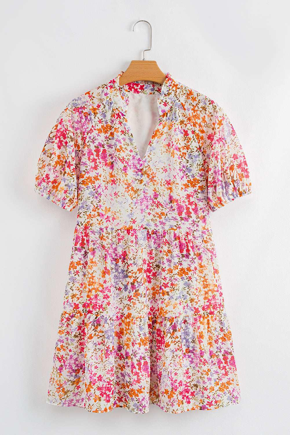 Red Floral Print Notched V Neck Puff Sleeve Tiered Mini Dress d9ddbda5868757a7-_6