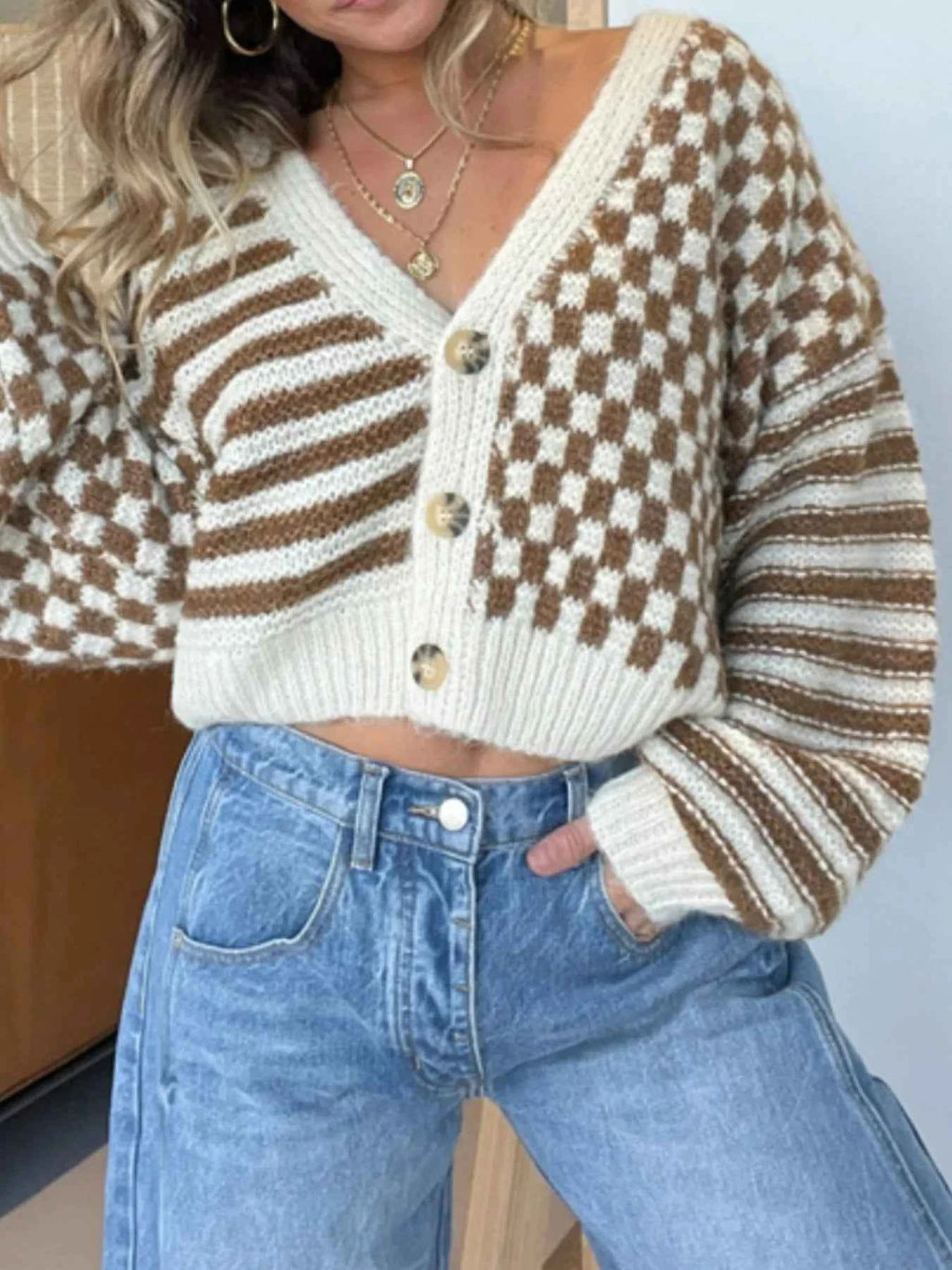 Checkered and Striped Pattern Button-Front Cropped Cardigan d9ef332a-ab38-4267-9c6b-0712d7418cfe-Max-Origin