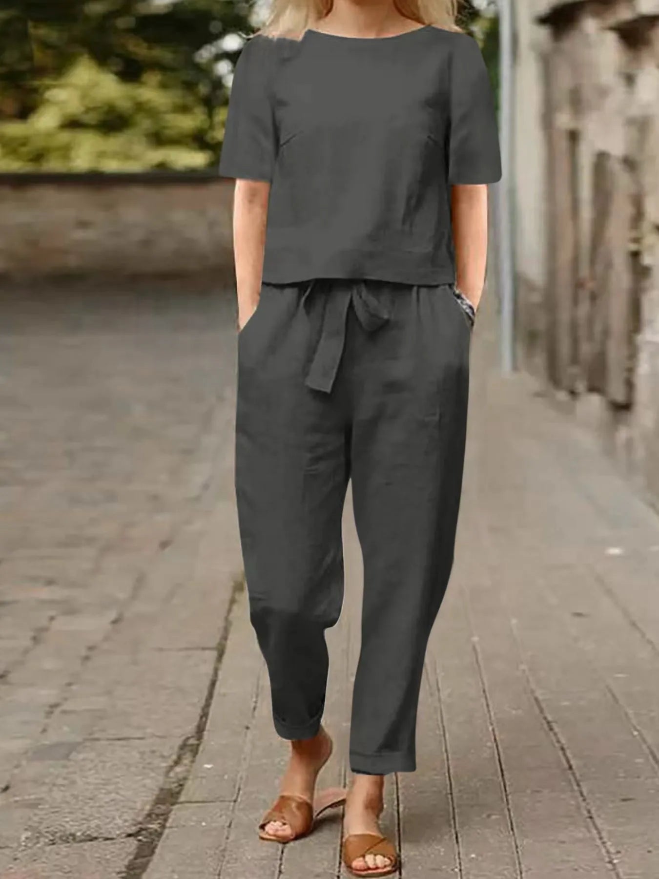 Full Size Round Neck Short Sleeve Top and Pants Set Plus Size Dark Gray da120533-7c7a-462d-8553-3c52e69beba2-Max-Origin