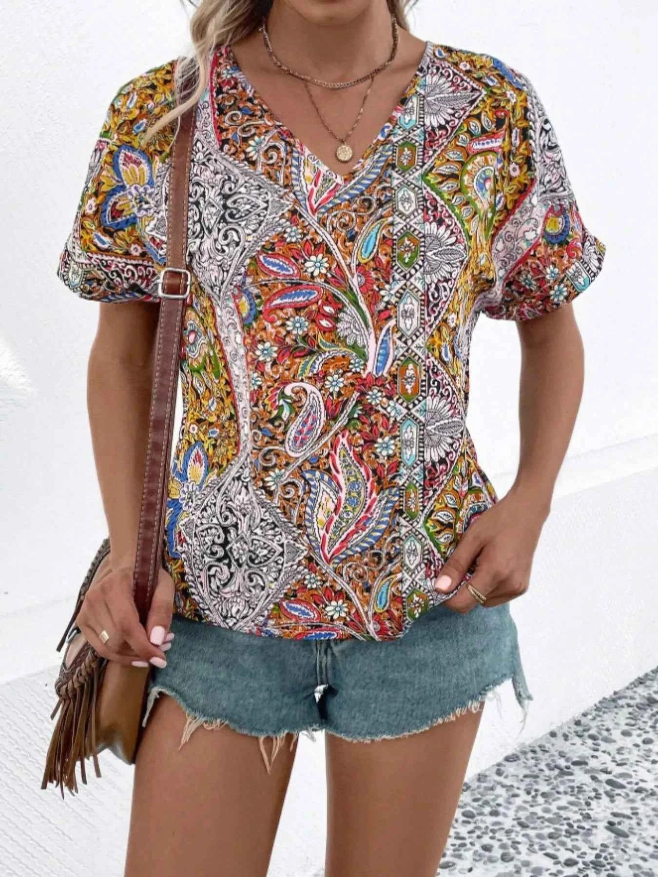 Bohemian Paisley Print V-Neck Short Sleeve T-Shirt Orange da4f5eb5-adbf-4e53-bb77-992db3100e7b-Max-Origin_84d88236-38af-4bb0-829a-ce0a5bb20ed1