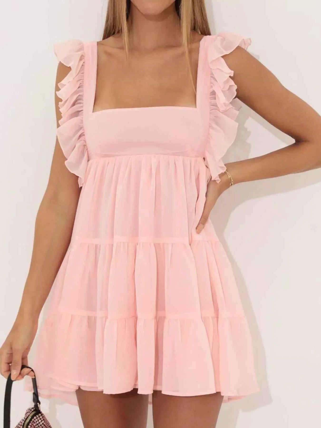 Ruffled Square Neck Tiered Dress Pink da59e25c-928e-449a-a602-a177f95a5018-Max-Origin