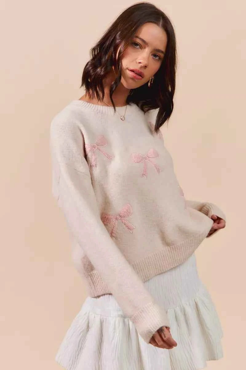 SO ME Embroidered Ribbon Round Neck Sweater da656a42f8d94c10b89fd1188a03b491-Max-Origin