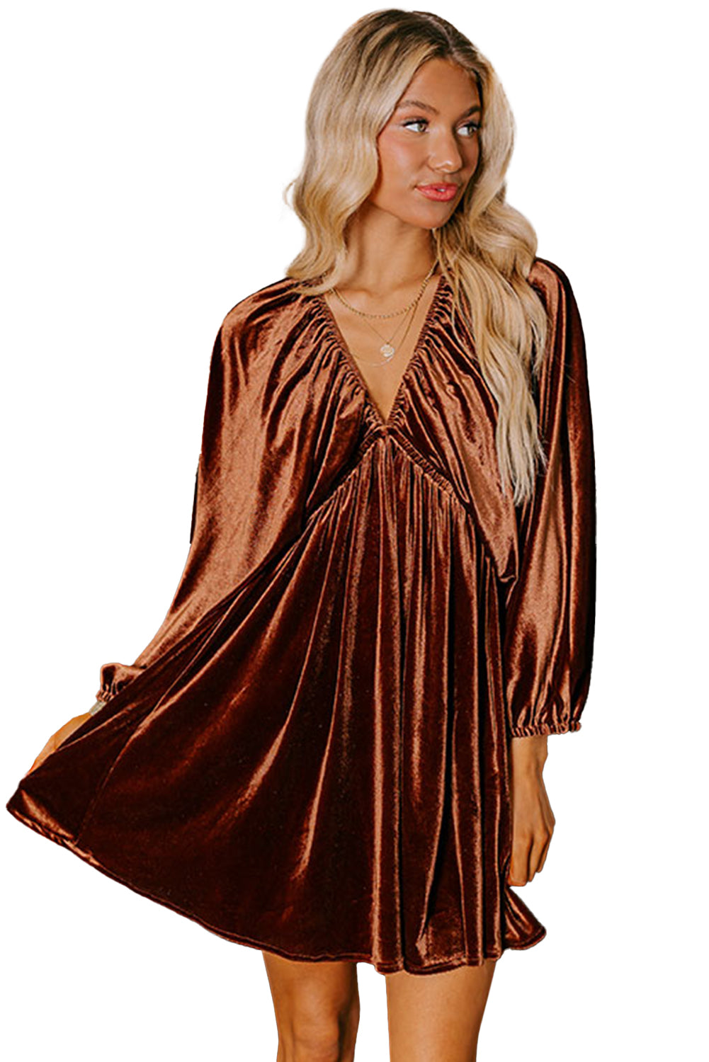 Clay Elastic V Neck Puff Sleeve Flowy Velvet Dress da79f2f03b9b6dfb