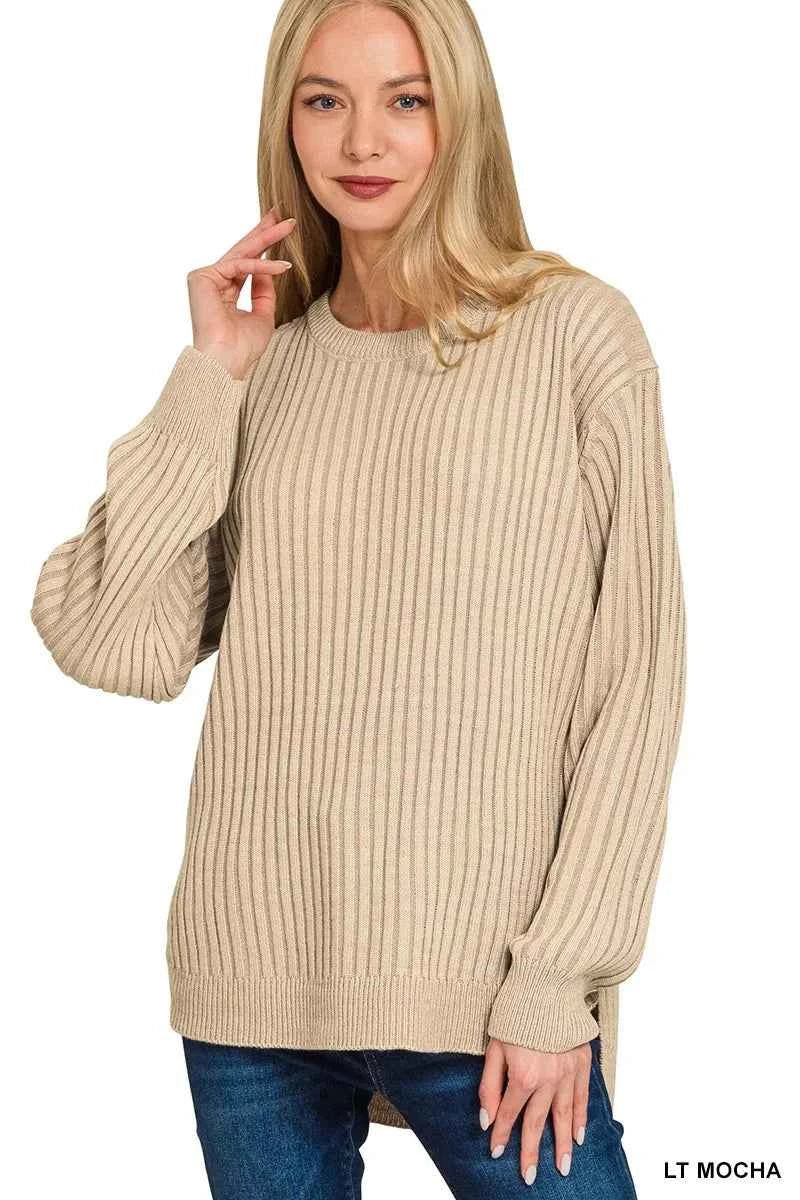 Zenana Curved Hem Two-Tone Ribbed Sweater LT MOCHA da89abf36d6e40a5a02edc7d4b9d5df0-Max-Origin