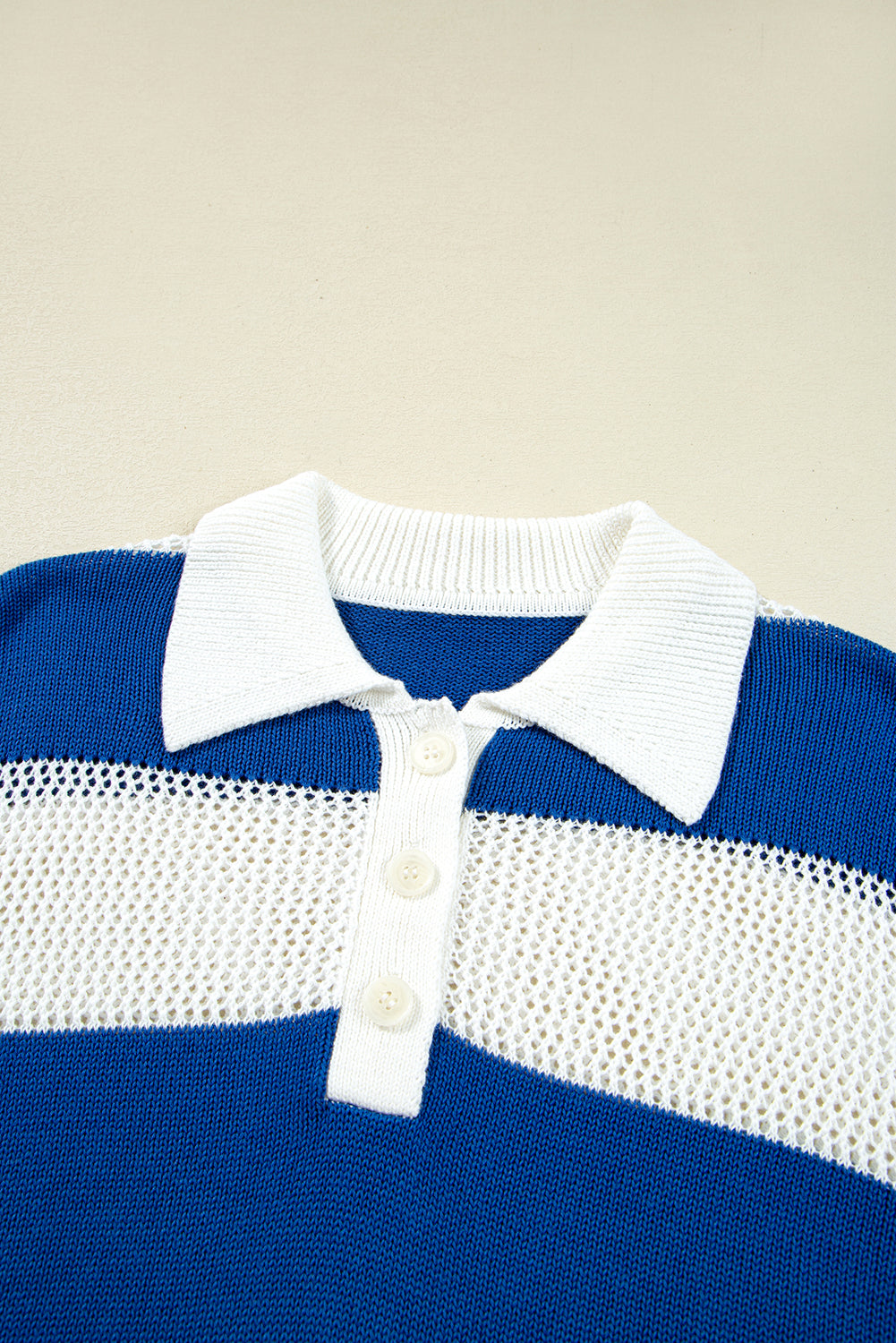 Blue Stripe Colorblock Polo Collar Eyelet Crochet Knit Sweater da9070b4053667f8
