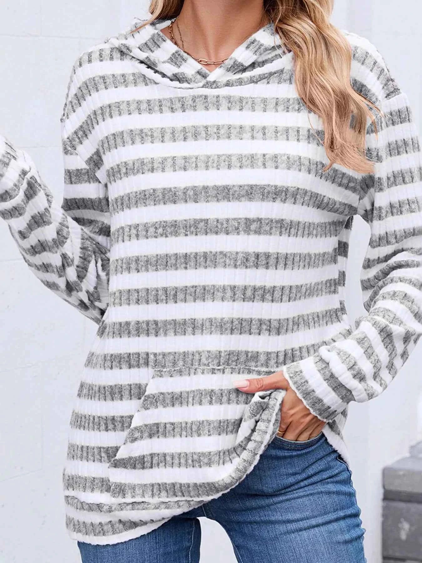 Striped Ribbed Knit Hoodie with Kangaroo Pocket Light Gray daa39b0c7c5846938902c9433594e18f-Max-Origin