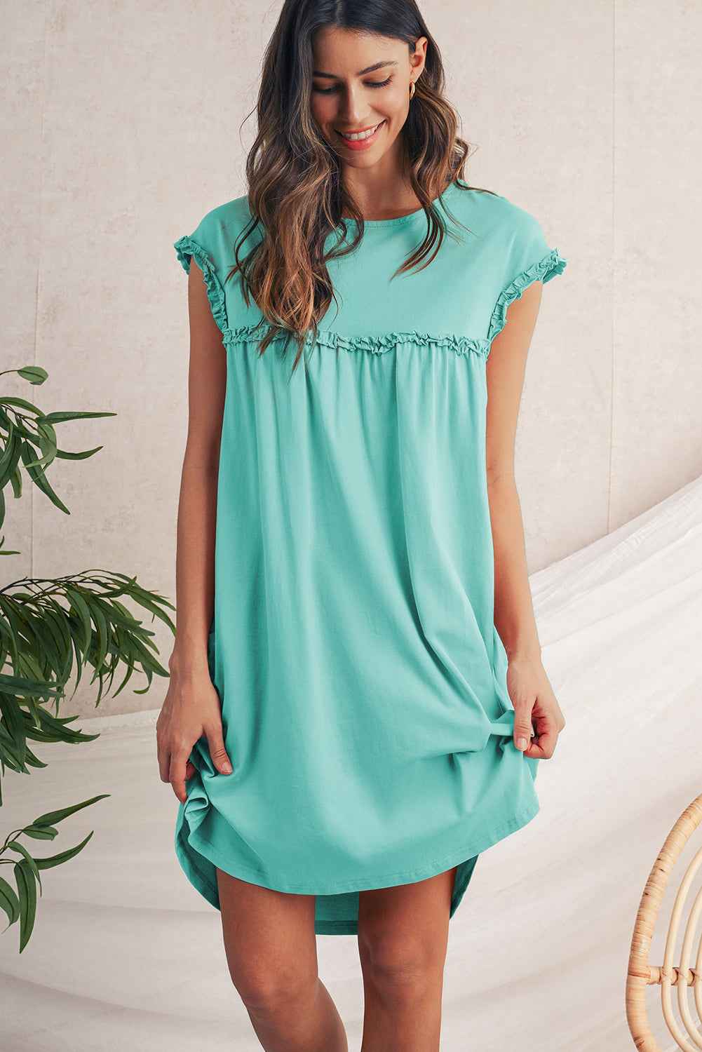 Mint Green Frilled Trim Crewneck Loose Fit Mini Dress daa772ea4d744bef