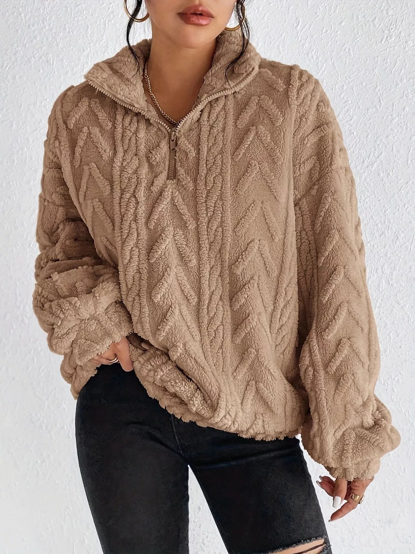 Quarter Zip Dropped Shoulder Sherpa Sweatshirt Khaki daae6d524efd4412b83c37fdcf20073e-Max-Origin