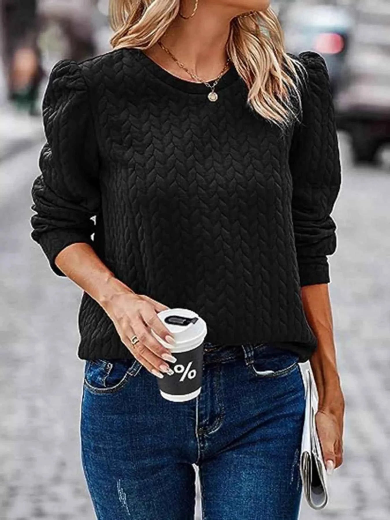 Texture Round Neck Long Sleeve Sweatshirt Black dab349f672e44216872c18b180a1d464-Max-Origin