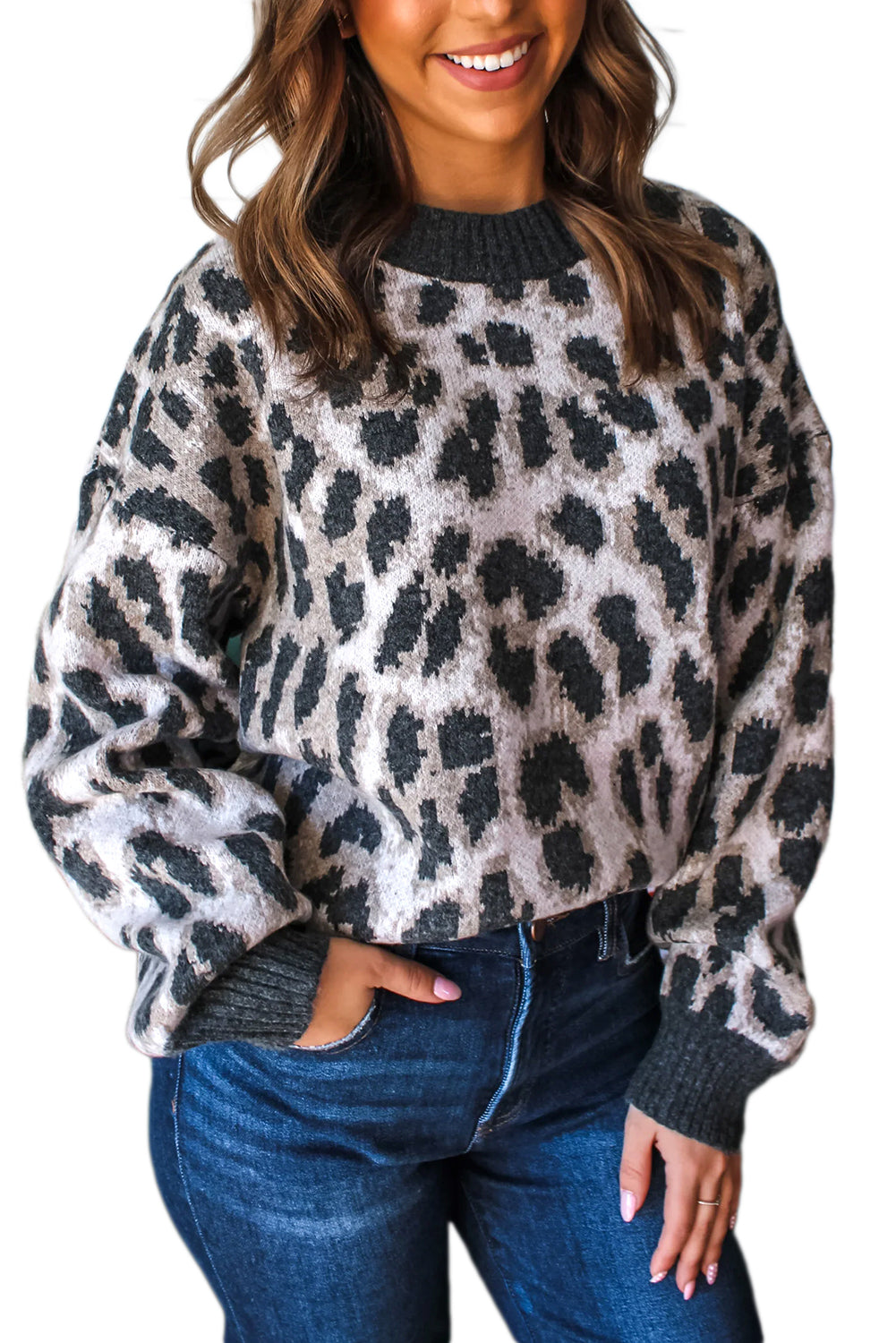 Carbon Grey Leopard Pattern Contrast Trim Round Neck Sweater dac9f005f04de242