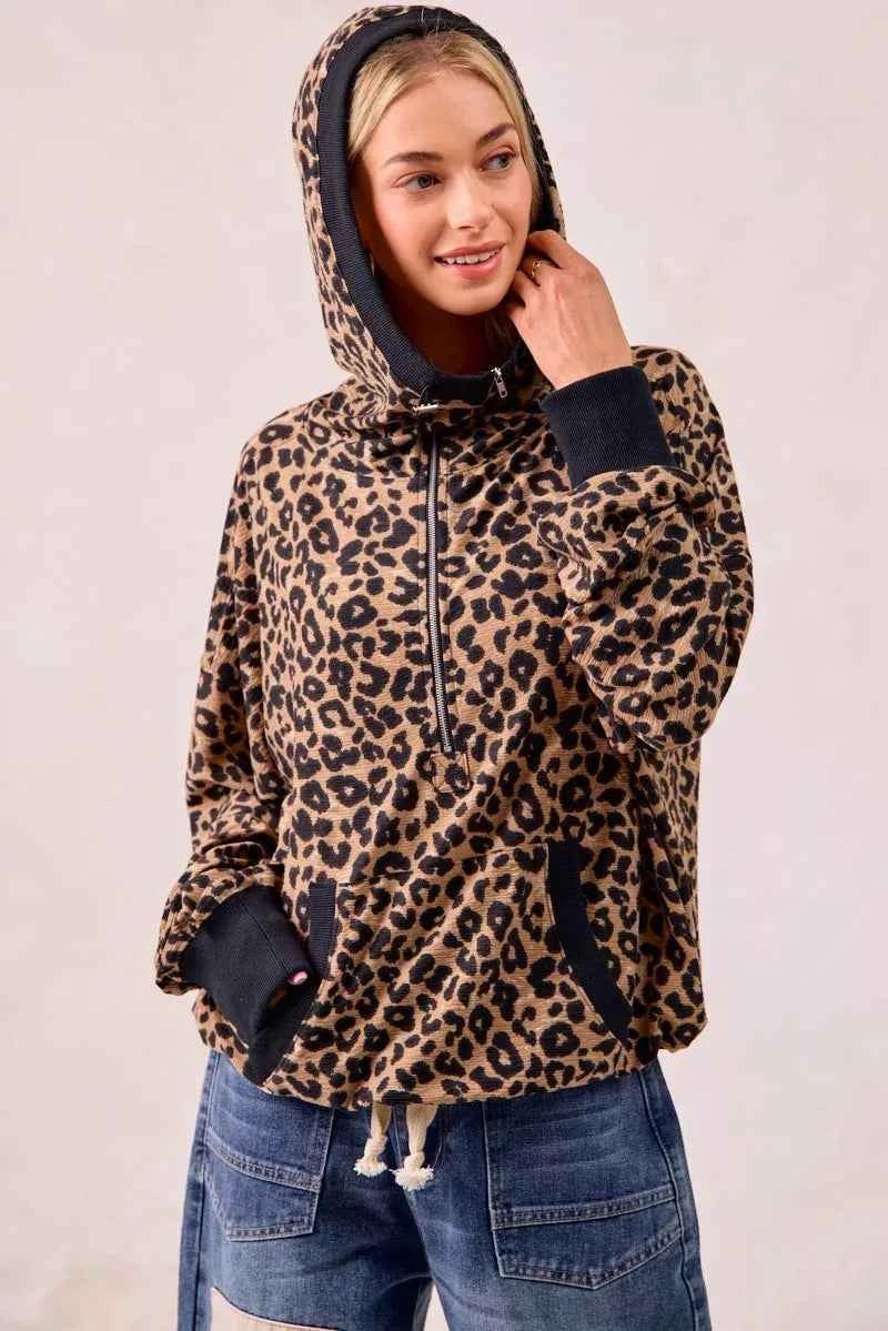 BiBi Leopard Print Waffle Half Zip Up Hoodie W Pocket dae036ea33d848f9ab072d5eb0e0c020-Max-Origin