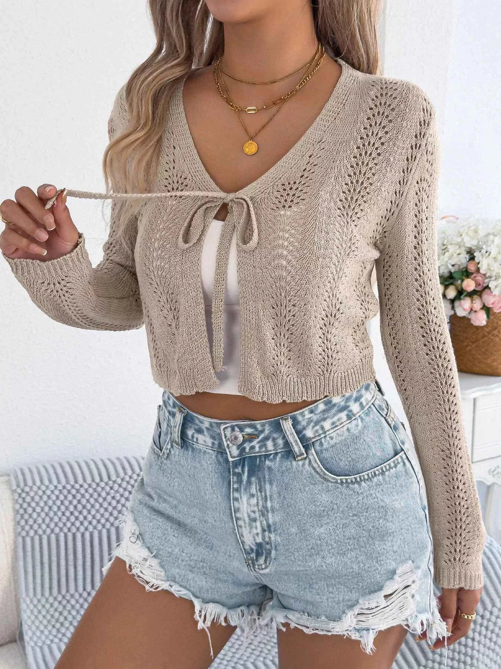 Openwork Tie Front Long Sleeve Cardigan dae187cc35c049b2a76fca990cdd168e-Max-Origin