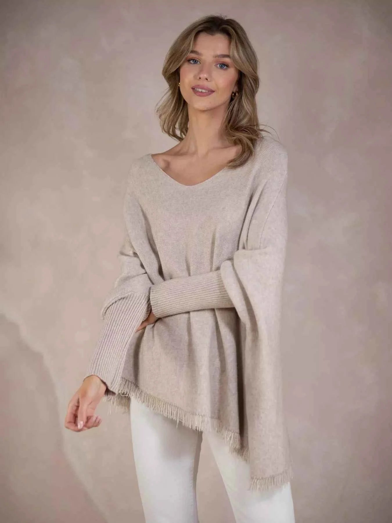 Raw Hem V-Neck Sweater Apricot One Size daf451a2-ce21-4715-aa22-f1a23f4a8fbc-Max-Origin