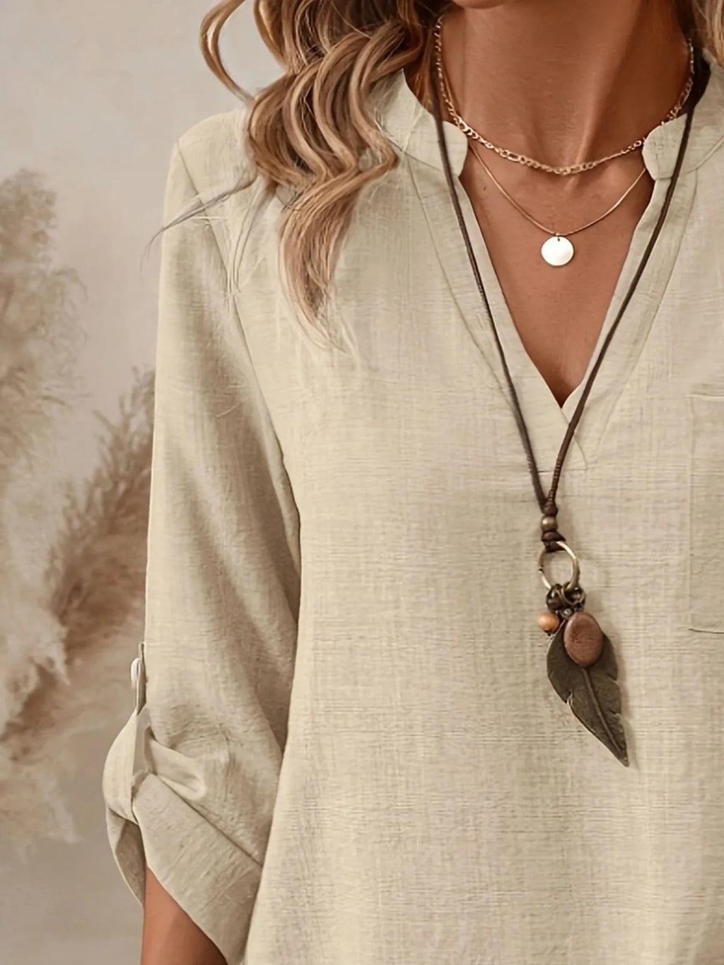 Notched Roll-Tab Sleeves Blouse db0b9ab5-fa25-4837-a370-7b8866206d04-Max-Origin