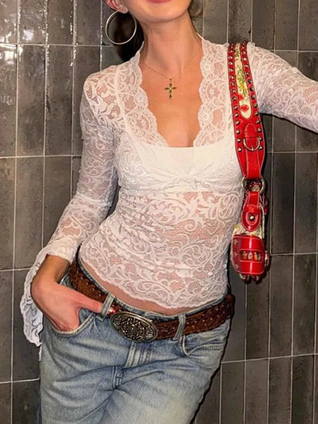 Lace Long Sleeve Deep V-Neck Blouse White db0f9c59-20b0-4741-8f0a-7fe19d1f60c4-Max-Origin