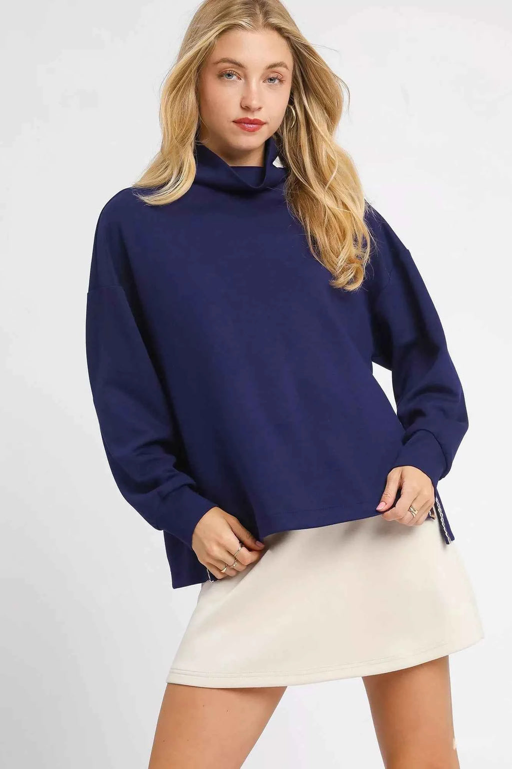 Umgee Turtle Neck Dolman Sleeve Side Slit Sweater with Contrast Detail Navy db11725f-daf3-481f-9a1d-5cb1a1959846-Max-Origin