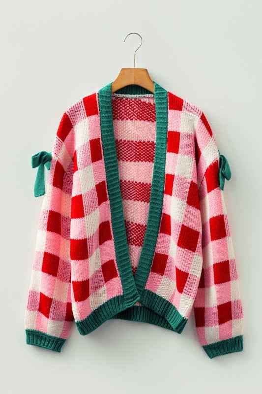 Plaid Bow Open Front Sweater Knit Cardigan