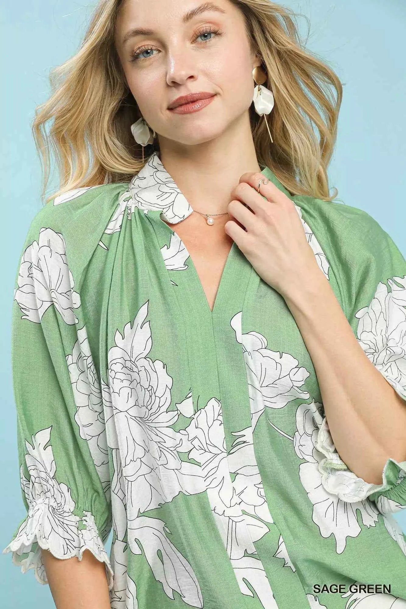 Umgee Peony Illustration Print Flounce Sleeve Blouse db3efac9-6b32-47ae-a074-5b938a43880f-Max-Origin