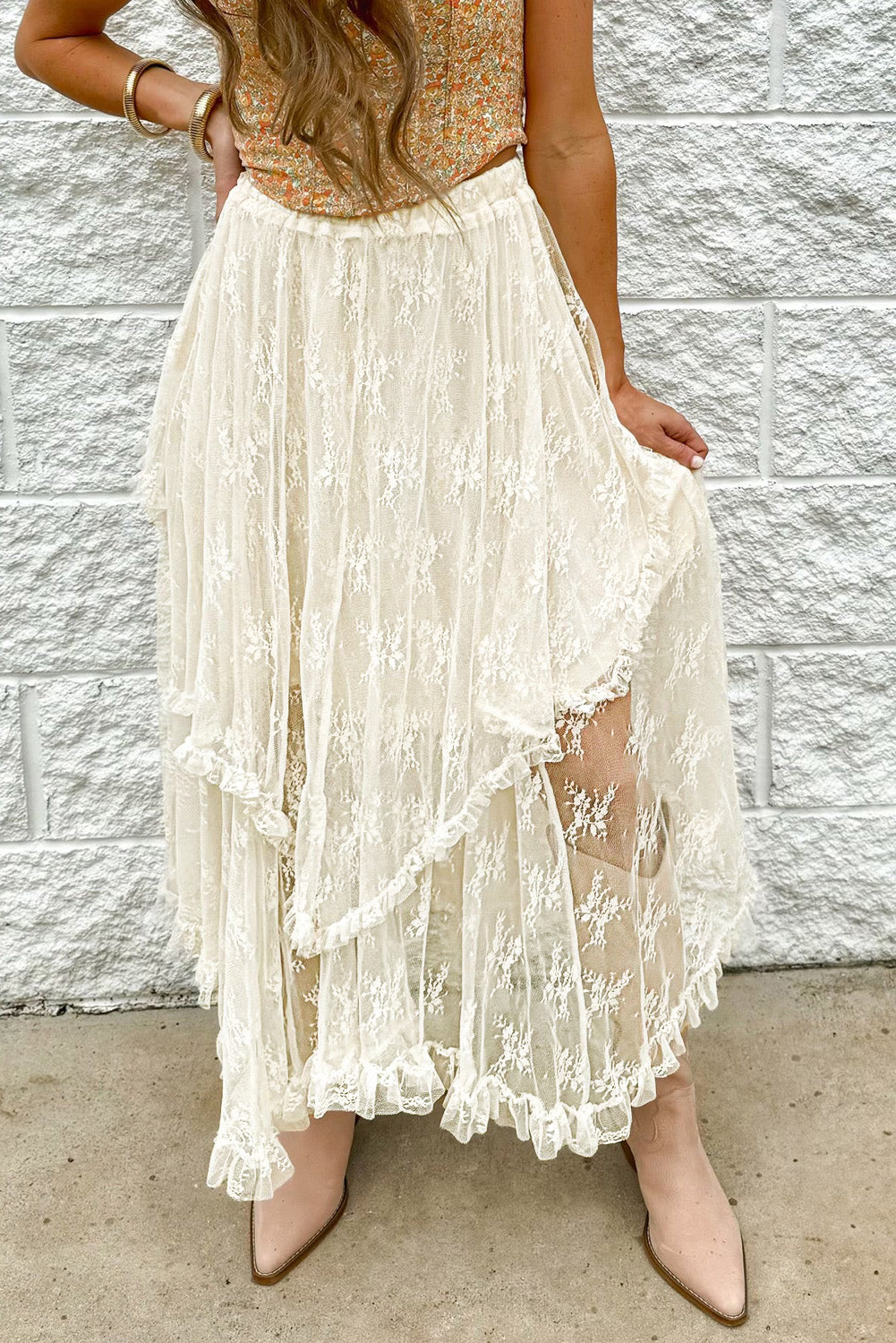 Apricot Lace Cascading Tiered High Waist Maxi Skirt Beige db48b65fae01ebc0