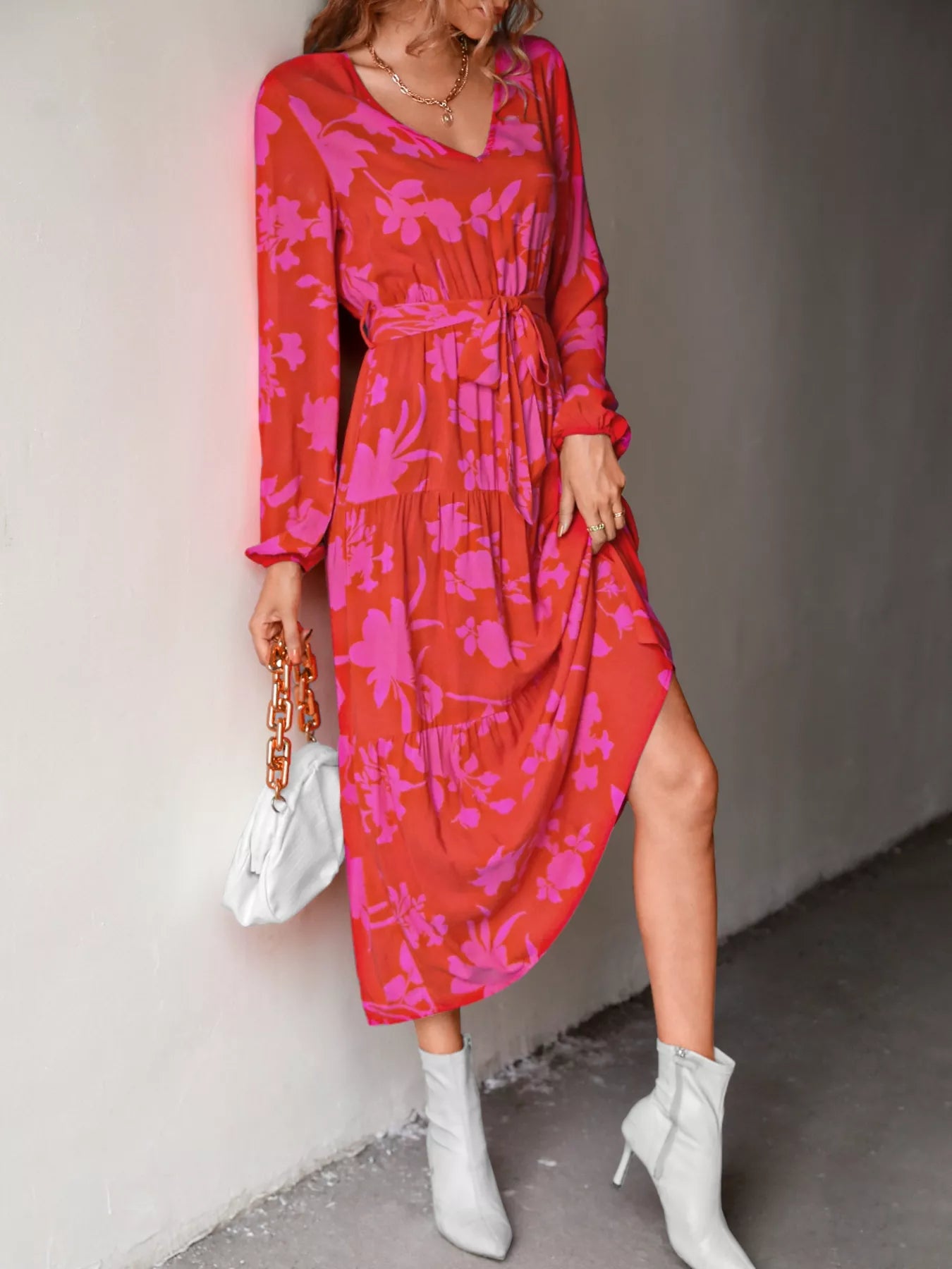 Printed V-Neck Balloon Sleeve Dress db4956fa-7d55-4b3d-aeb8-aef194a696bd-Max-Origin