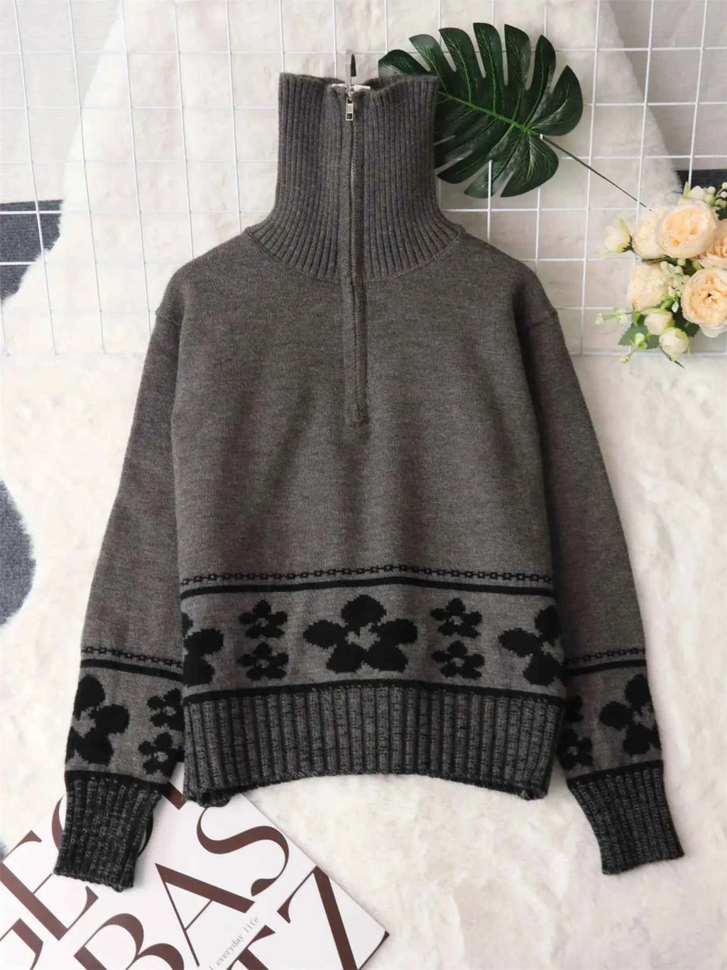Flower Zip Collar Long Sleeve Sweater db71ce177a9440c899e7628c3e5f95fd-Max-Origin
