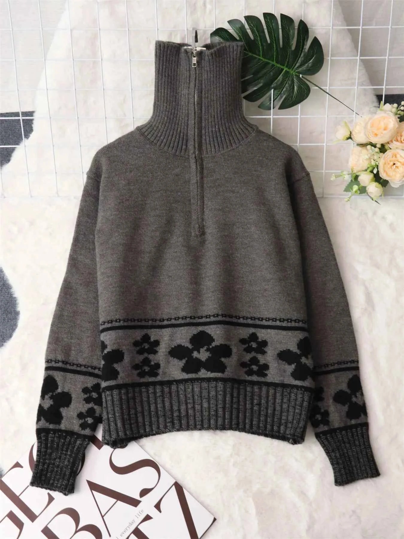 Flower Zip Collar Long Sleeve Sweater db71ce177a9440c899e7628c3e5f95fd-Max-Origin