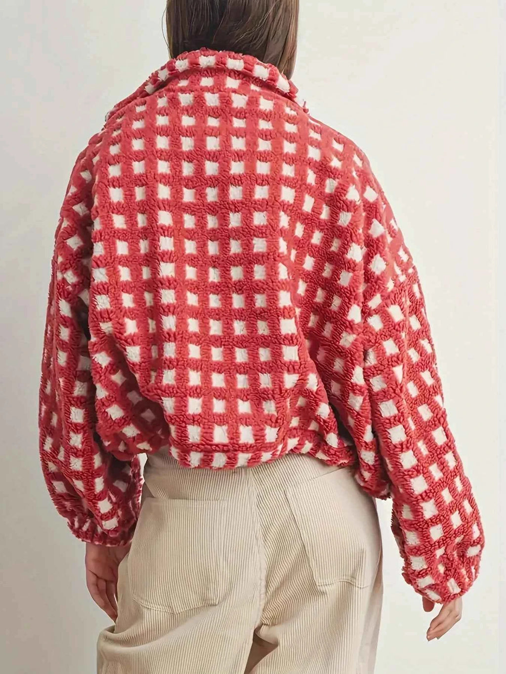 Fleece Checkered Puff Sleeve Bomber Jacket db87ac82-088c-453b-9018-5c402741d77c-Max-Origin