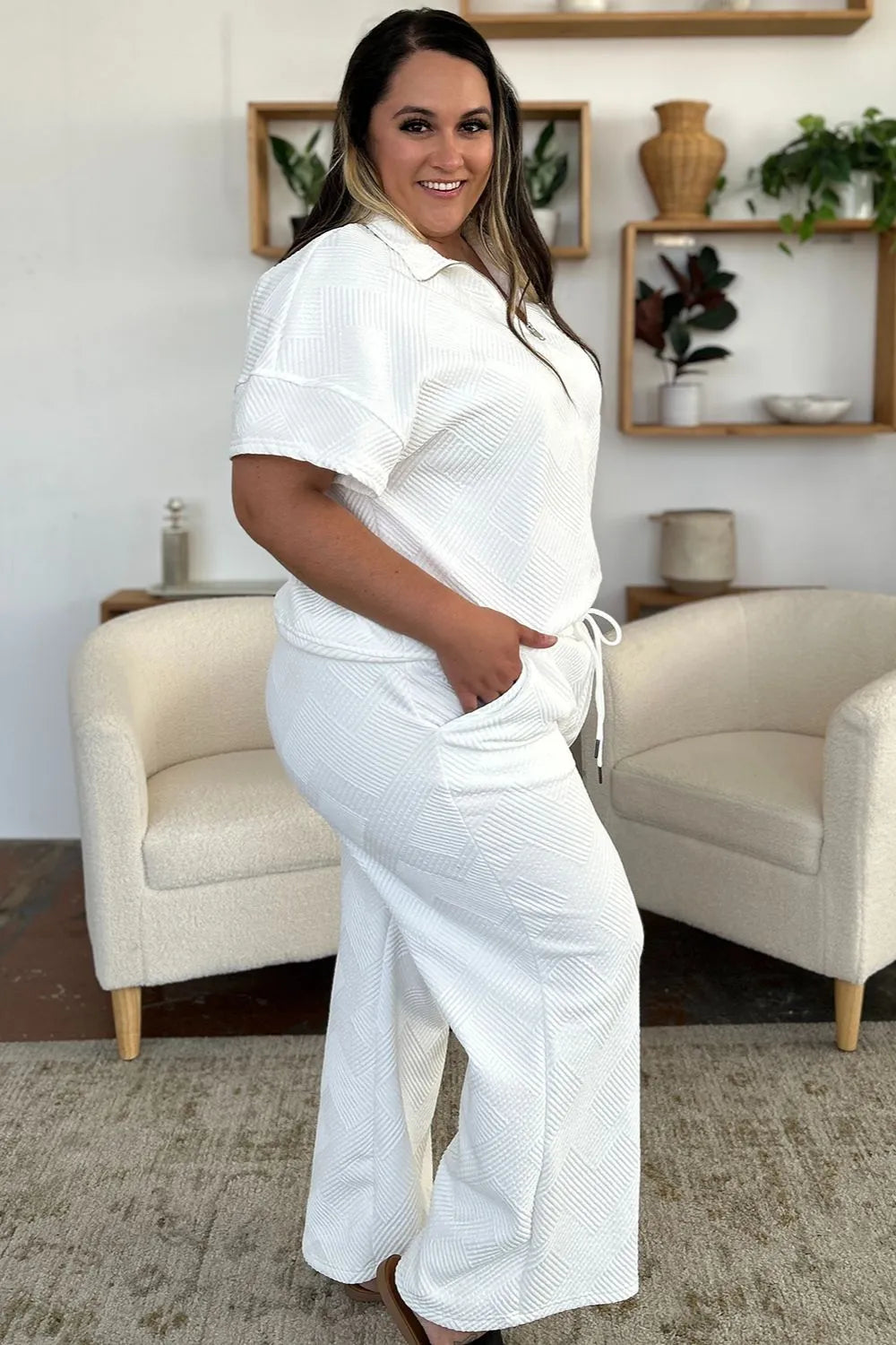 Double Take Full Size Texture Half Zip Short Sleeve Top and Pants Set db934252-19be-4174-a901-267e0896ac1a-Max